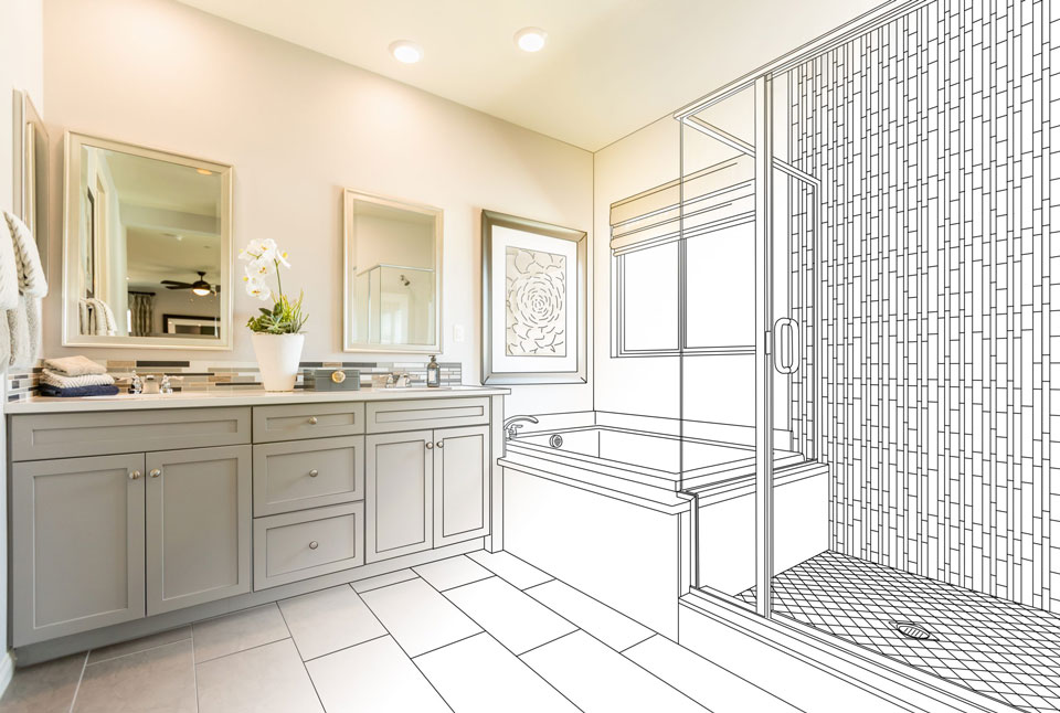 a photo collage of a bathroom and design Sketch